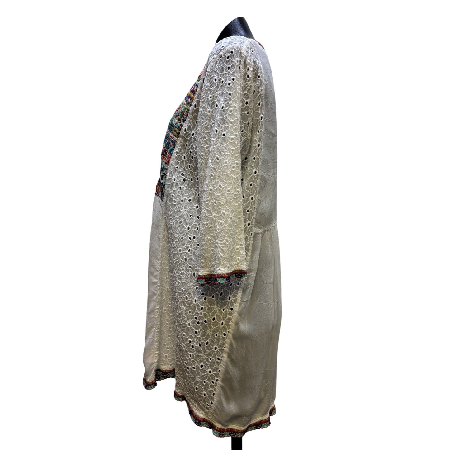 Johnny Was Embroidered Silk Blouse White With Lace Sleeves & Floral Detailing L