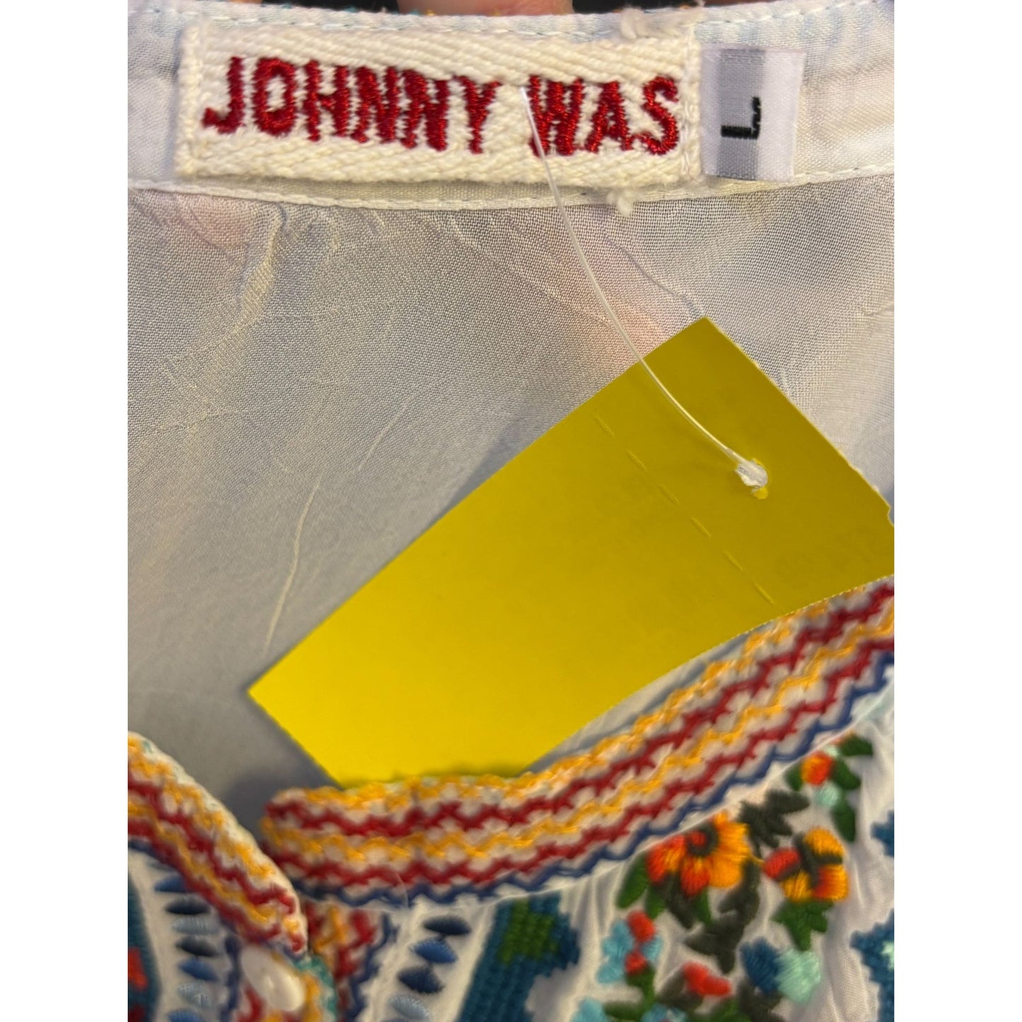 Johnny Was Embroidered Silk Blouse White With Lace Sleeves & Floral Detailing L