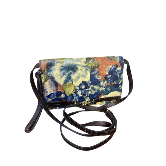 Patricia Nash Cream, Blue & Orange Leather Floral Crossbody Wallet Size Large