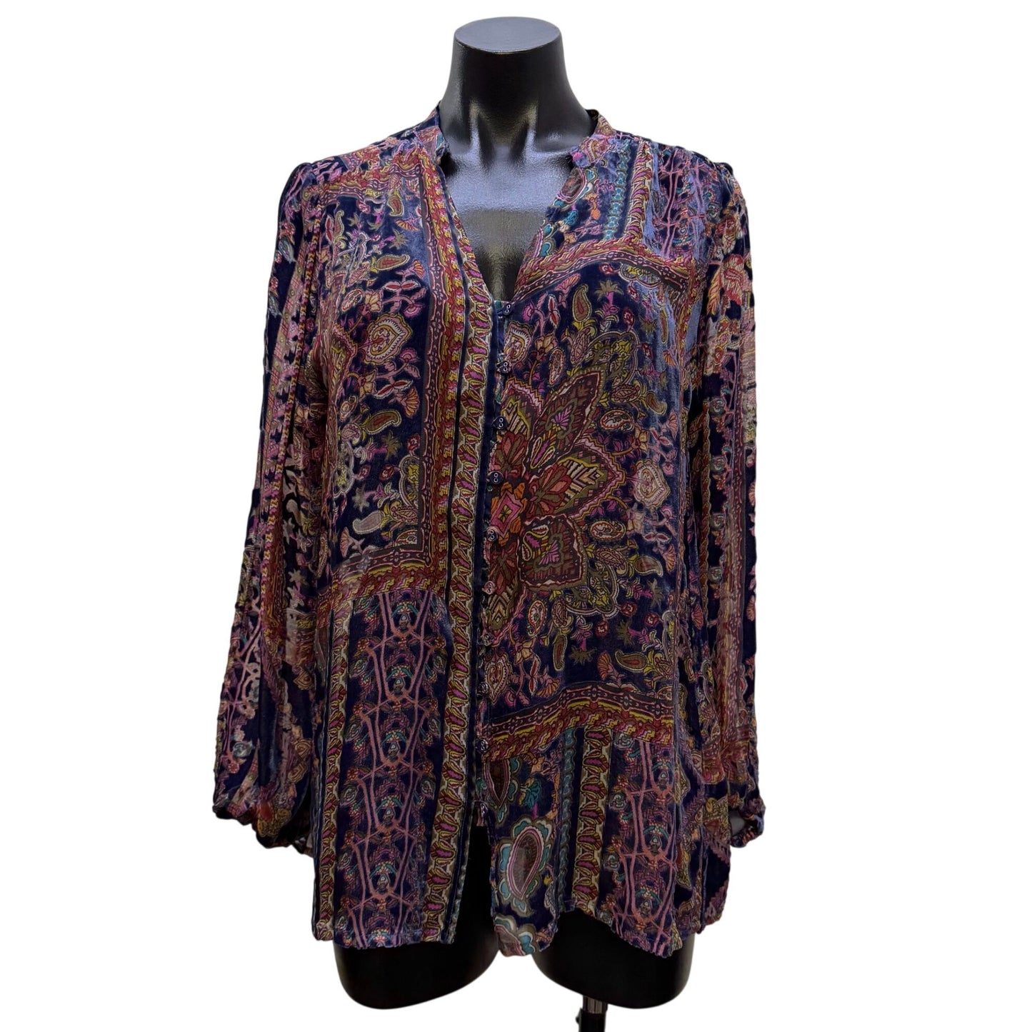 Johnny Was Purple Multi Paisley Print Blouse Long Sleeve S
