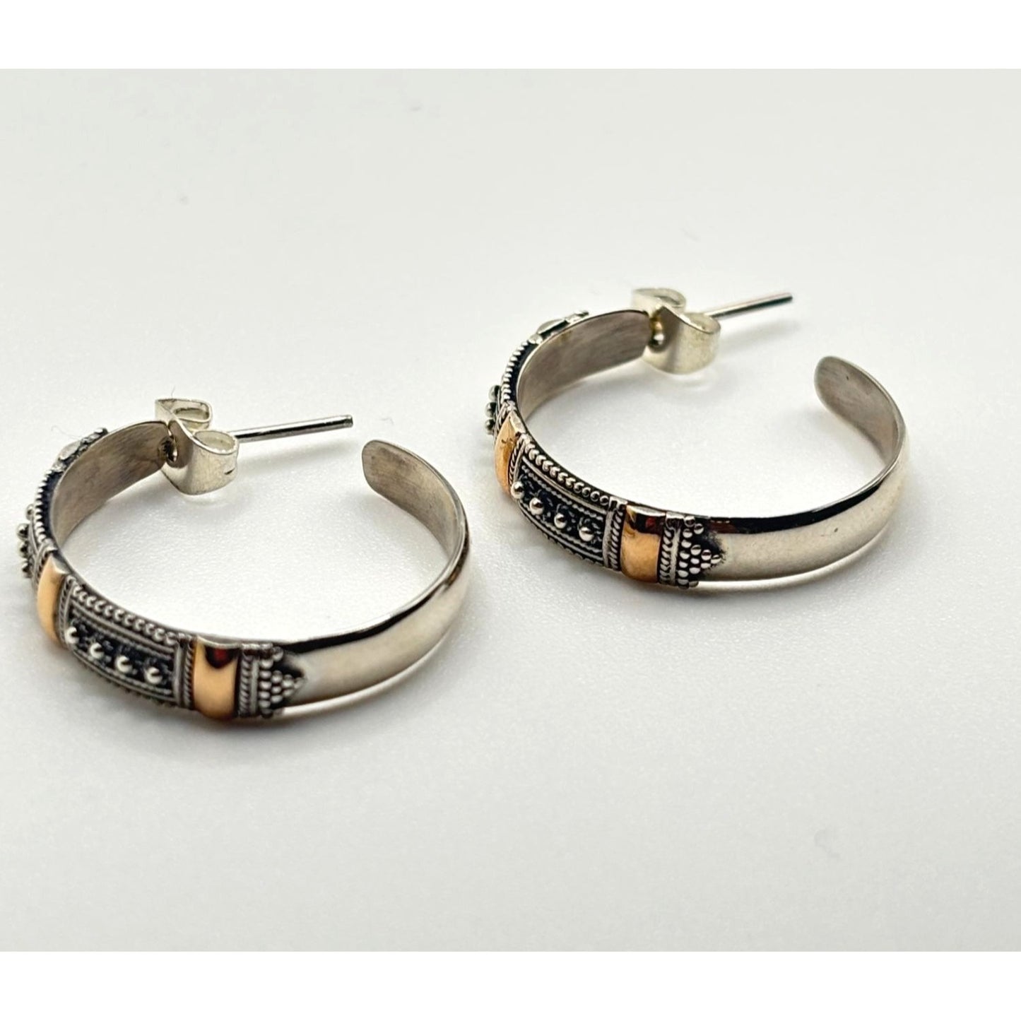 18K Sterling Silver Gold Hoop Earrings Filigree Design