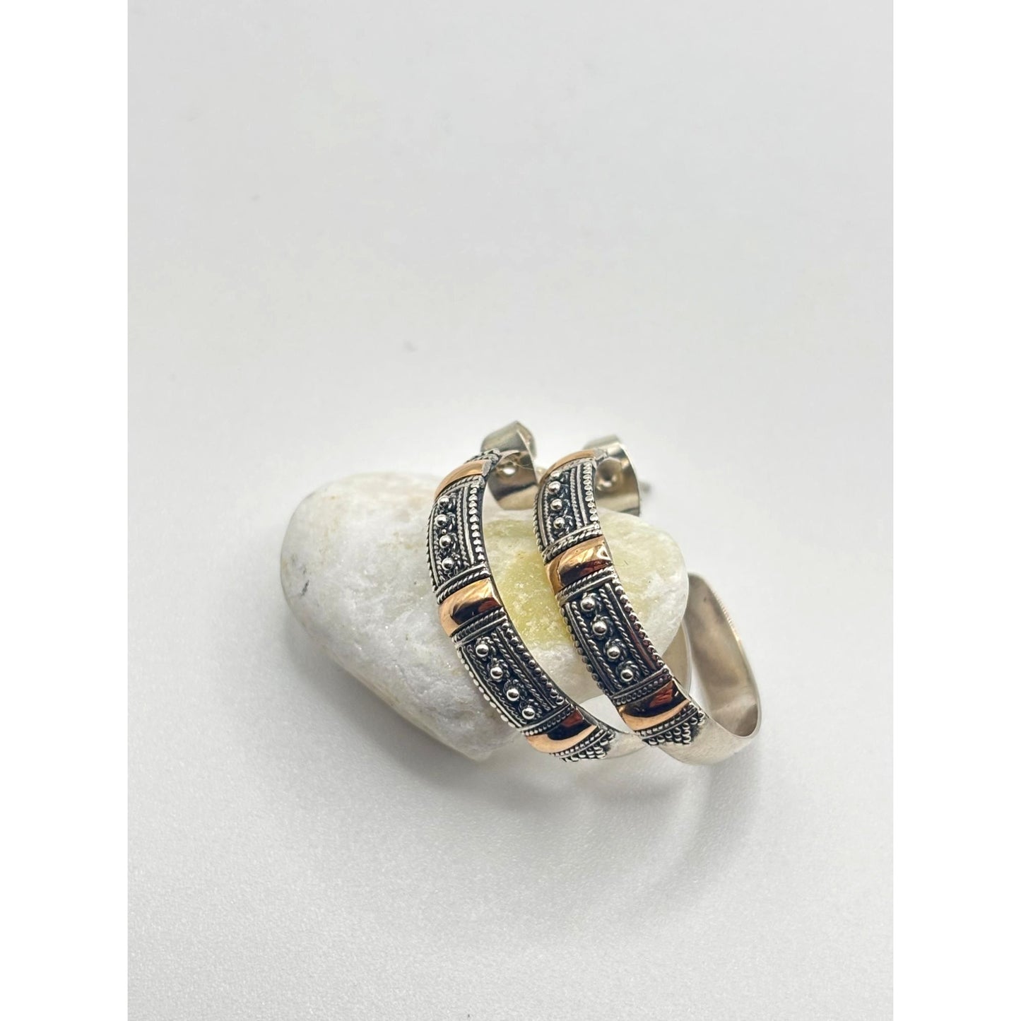 18K Sterling Silver Gold Hoop Earrings Filigree Design