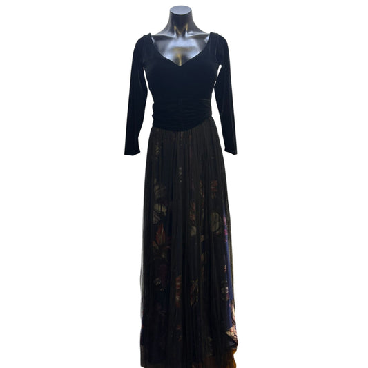 Chiara Boni Black Velvet & Floral Netting Gown Size 6