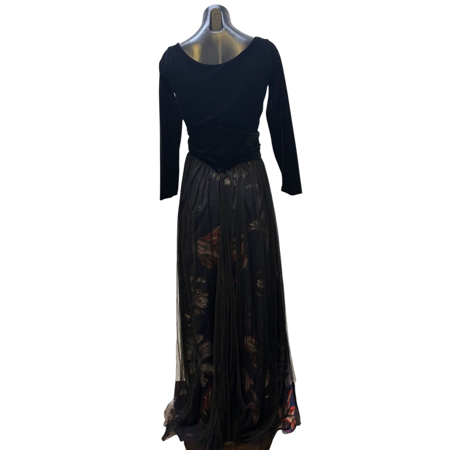 Chiara Boni Black Velvet & Floral Netting Gown Size 6