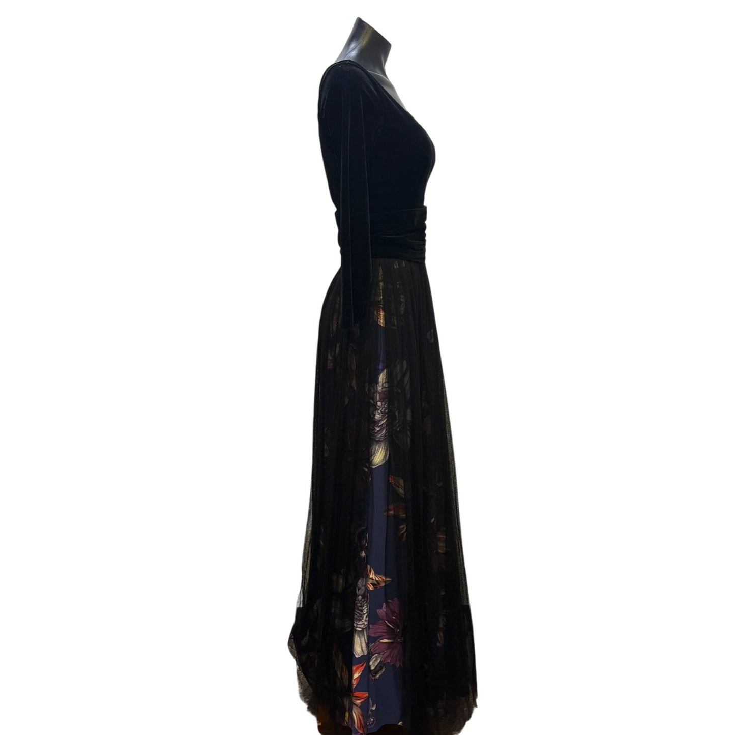 Chiara Boni Black Velvet & Floral Netting Gown Size 6
