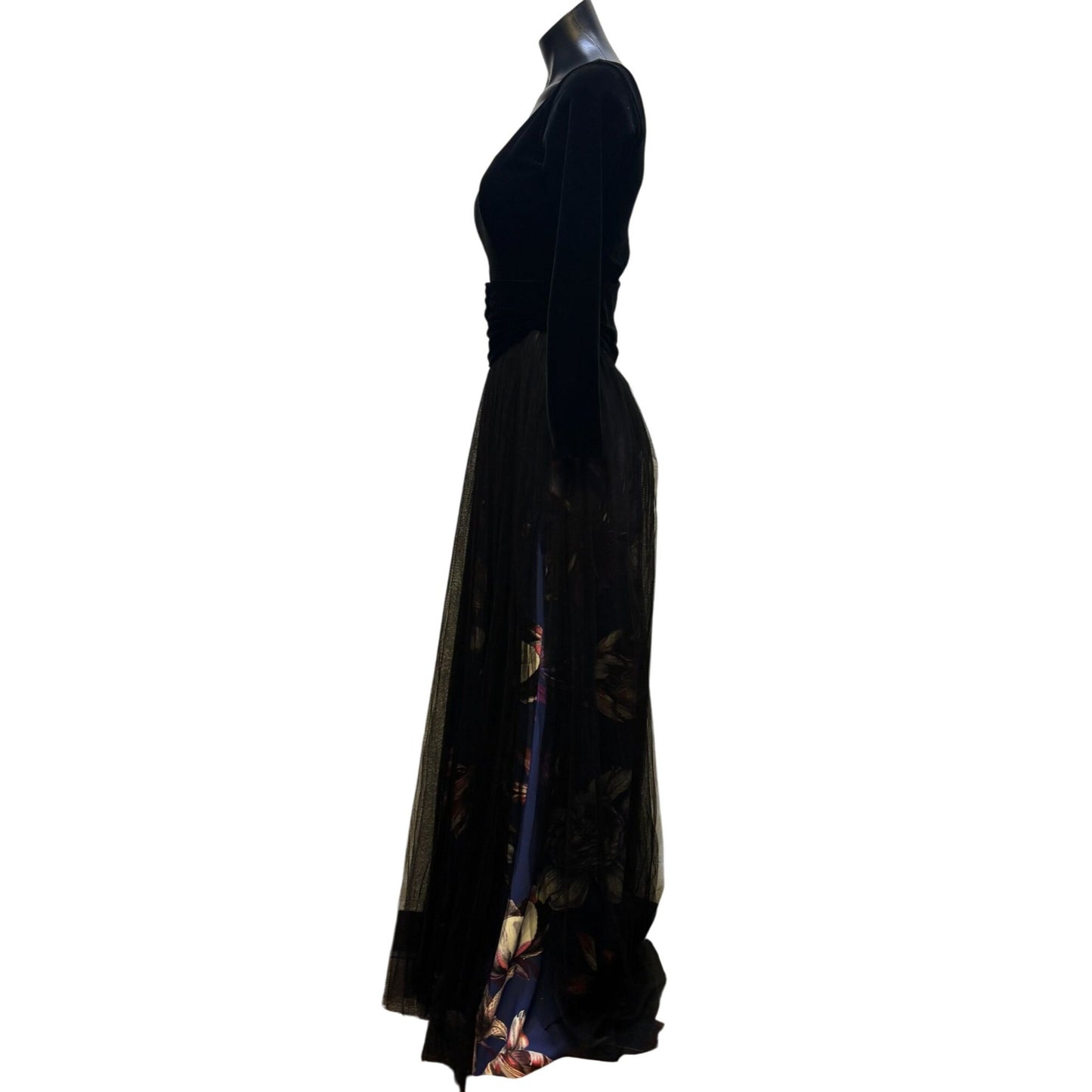 Chiara Boni Black Velvet & Floral Netting Gown Size 6