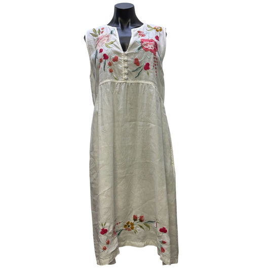 Johnny Was Embroidered Linen Sleeveless White Dress With Floral Design L