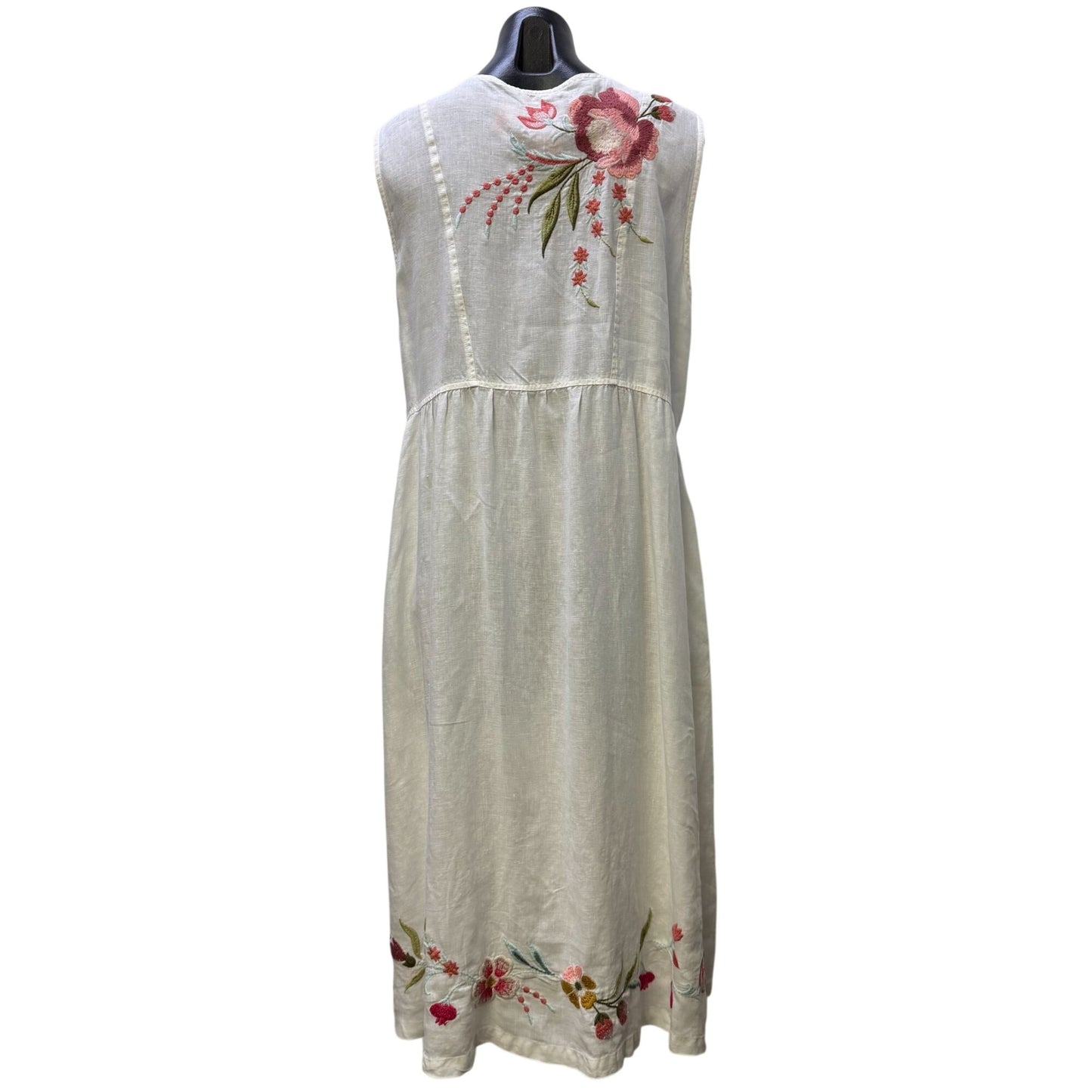 Johnny Was Embroidered Linen Sleeveless White Dress With Floral Design L