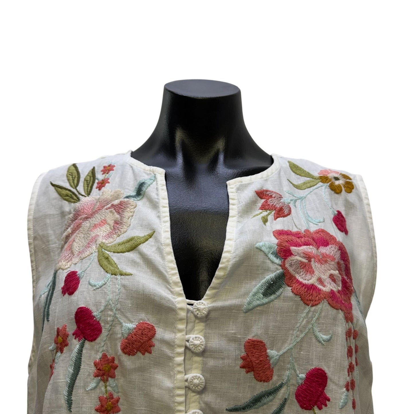 Johnny Was Embroidered Linen Sleeveless White Dress With Floral Design L