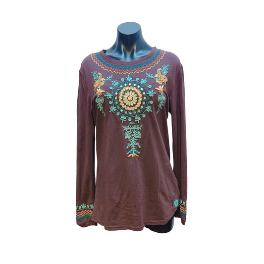 Double D Ranch Brown Long Sleeve Embroidered Top L