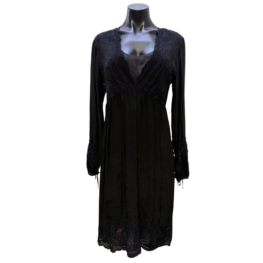 Johnny Was Black Long-Sleeve Embroidered Boho Dress With Slip S