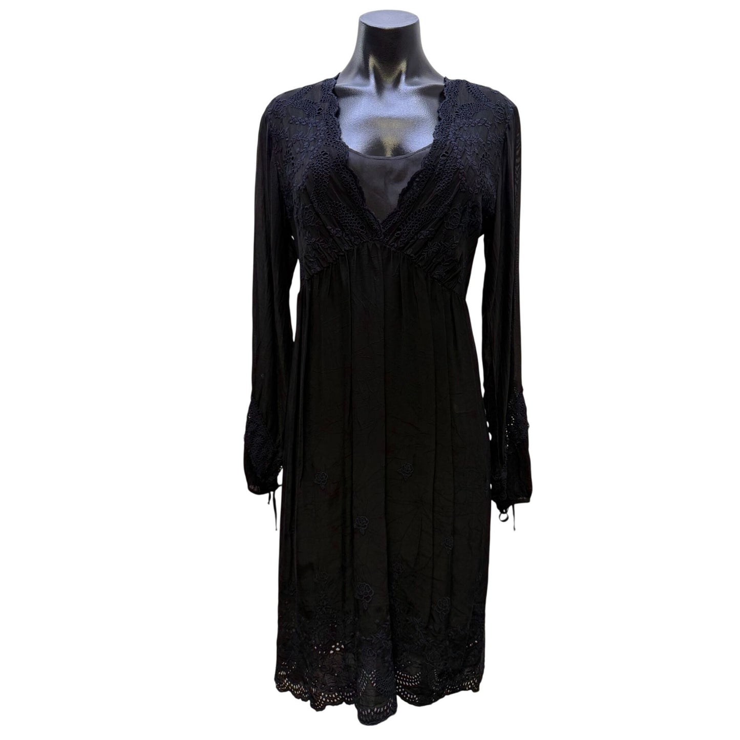 Johnny Was Black Long-Sleeve Embroidered Boho Dress With Slip S