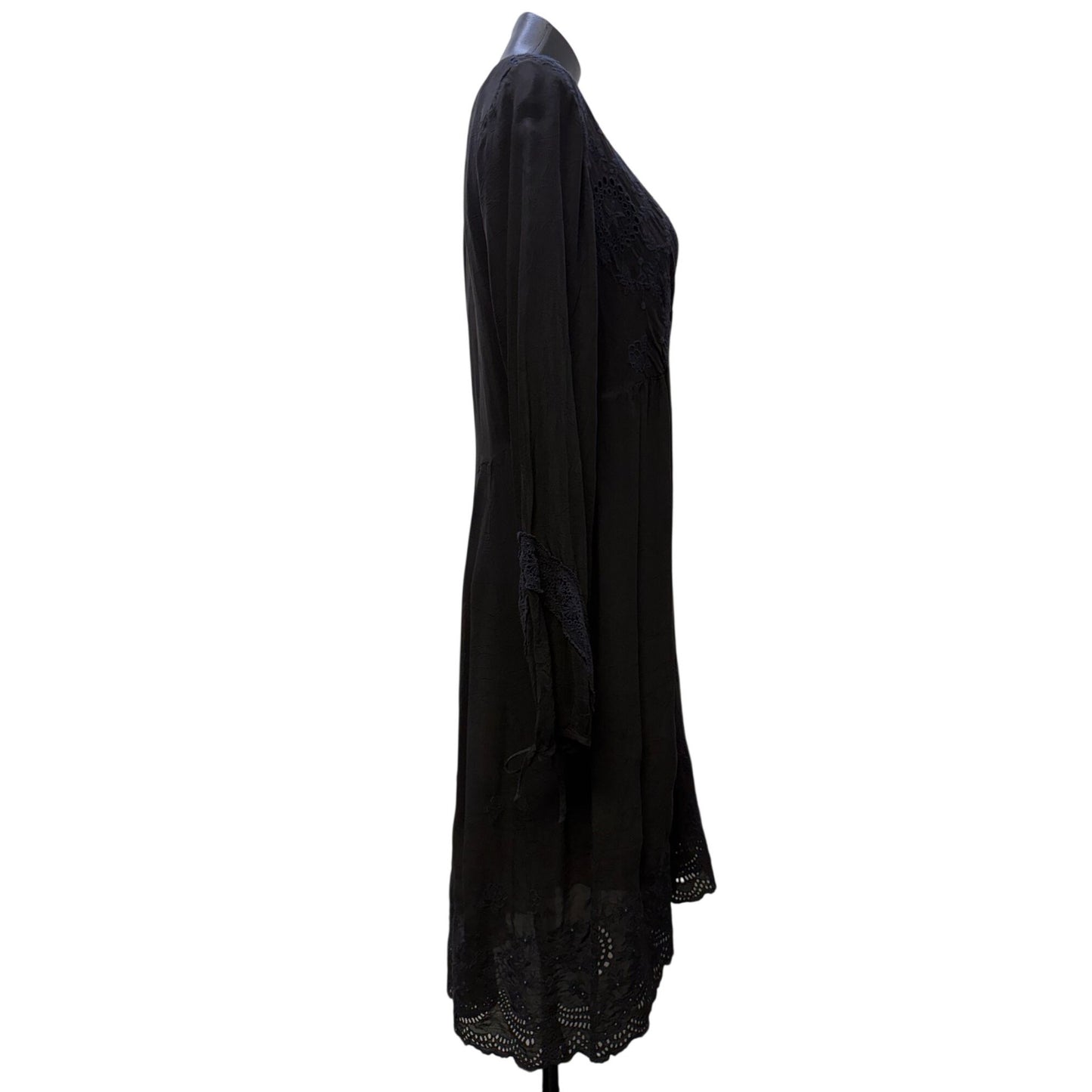 Johnny Was Black Long-Sleeve Embroidered Boho Dress With Slip S