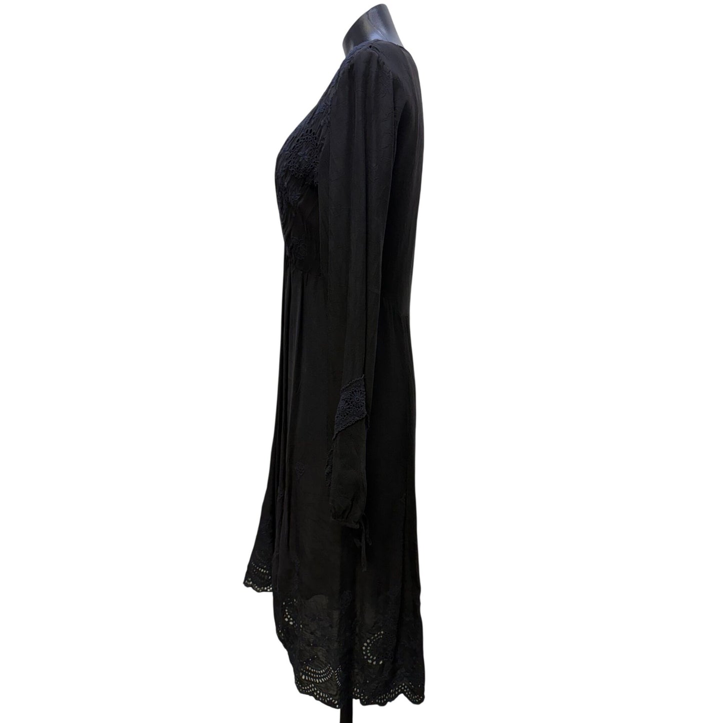 Johnny Was Black Long-Sleeve Embroidered Boho Dress With Slip S