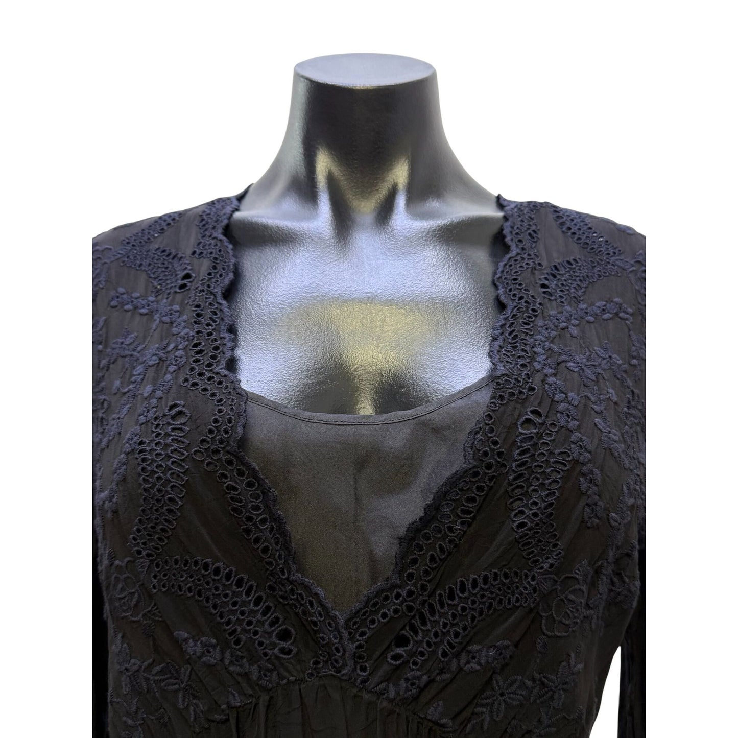 Johnny Was Black Long-Sleeve Embroidered Boho Dress With Slip S