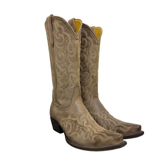 Cavenders Beige Leather Western Boots With Square Toe Design Size 8.5