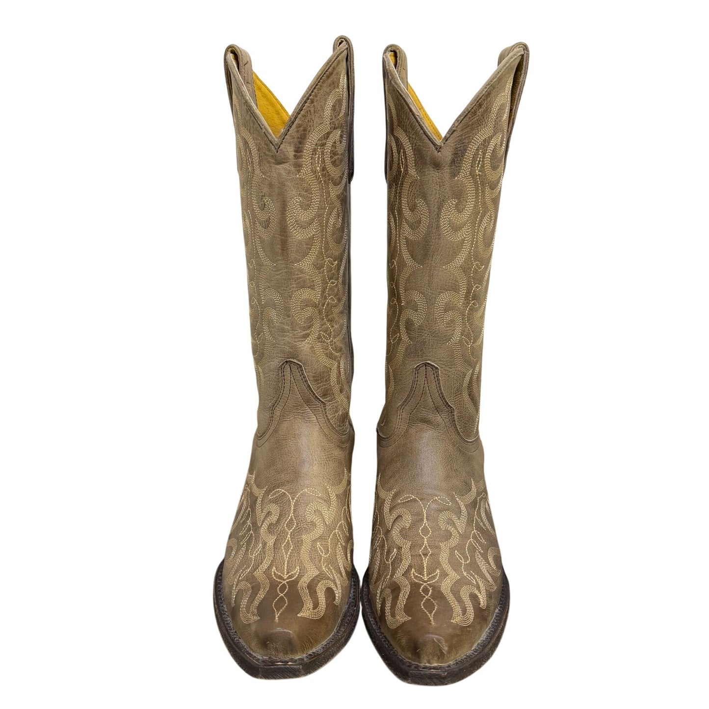 Cavenders Beige Leather Western Boots With Square Toe Design Size 8.5