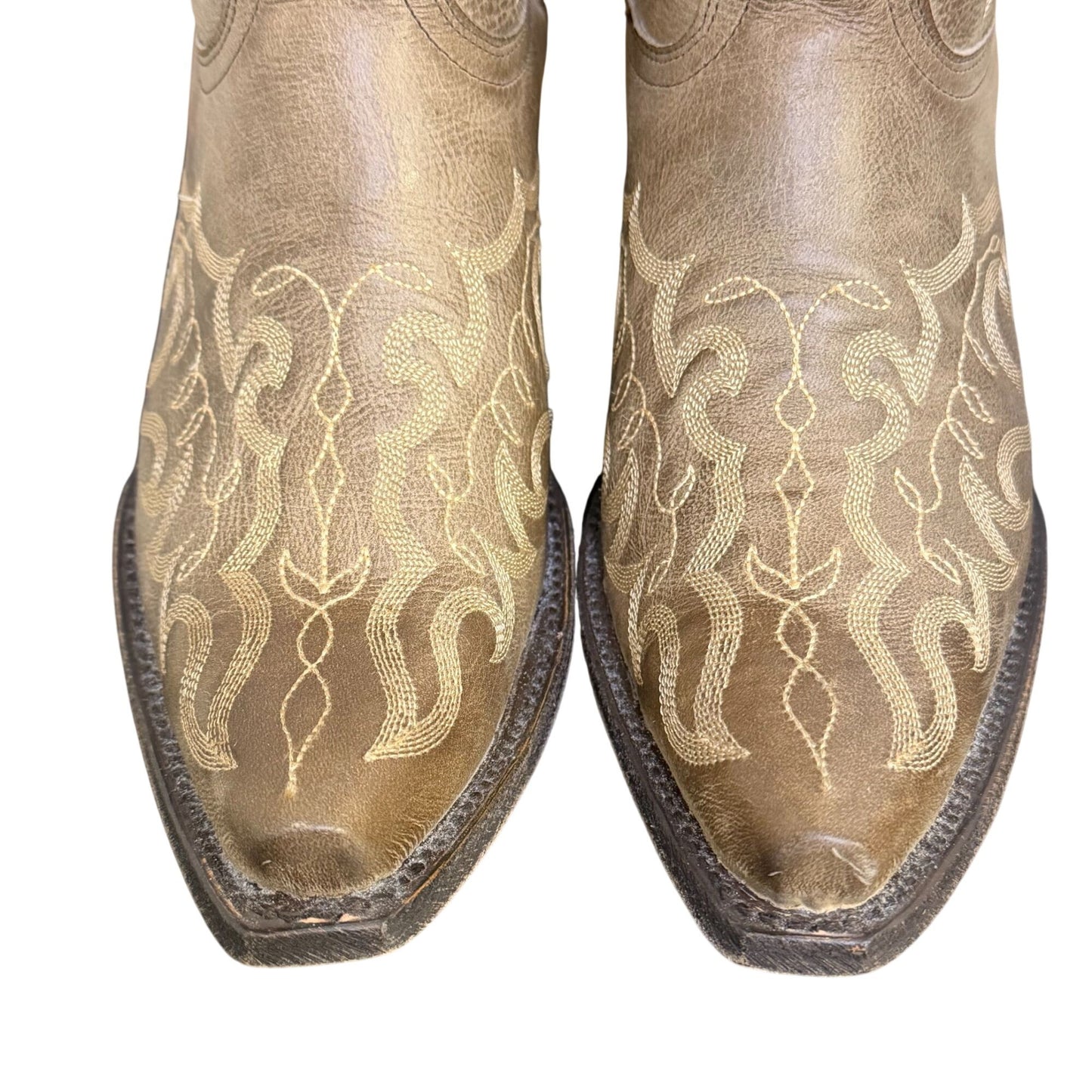 Cavenders Beige Leather Western Boots With Square Toe Design Size 8.5