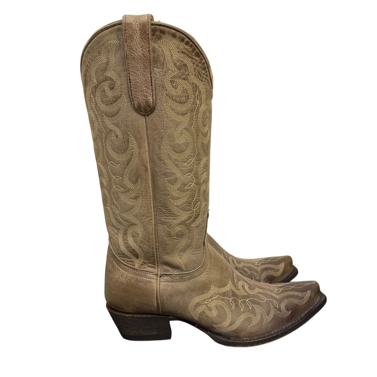 Cavenders Beige Leather Western Boots With Square Toe Design Size 8.5