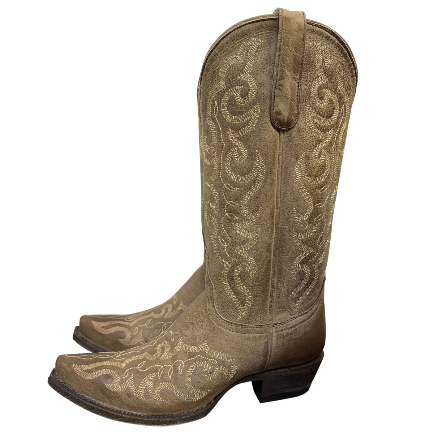 Cavenders Beige Leather Western Boots With Square Toe Design Size 8.5