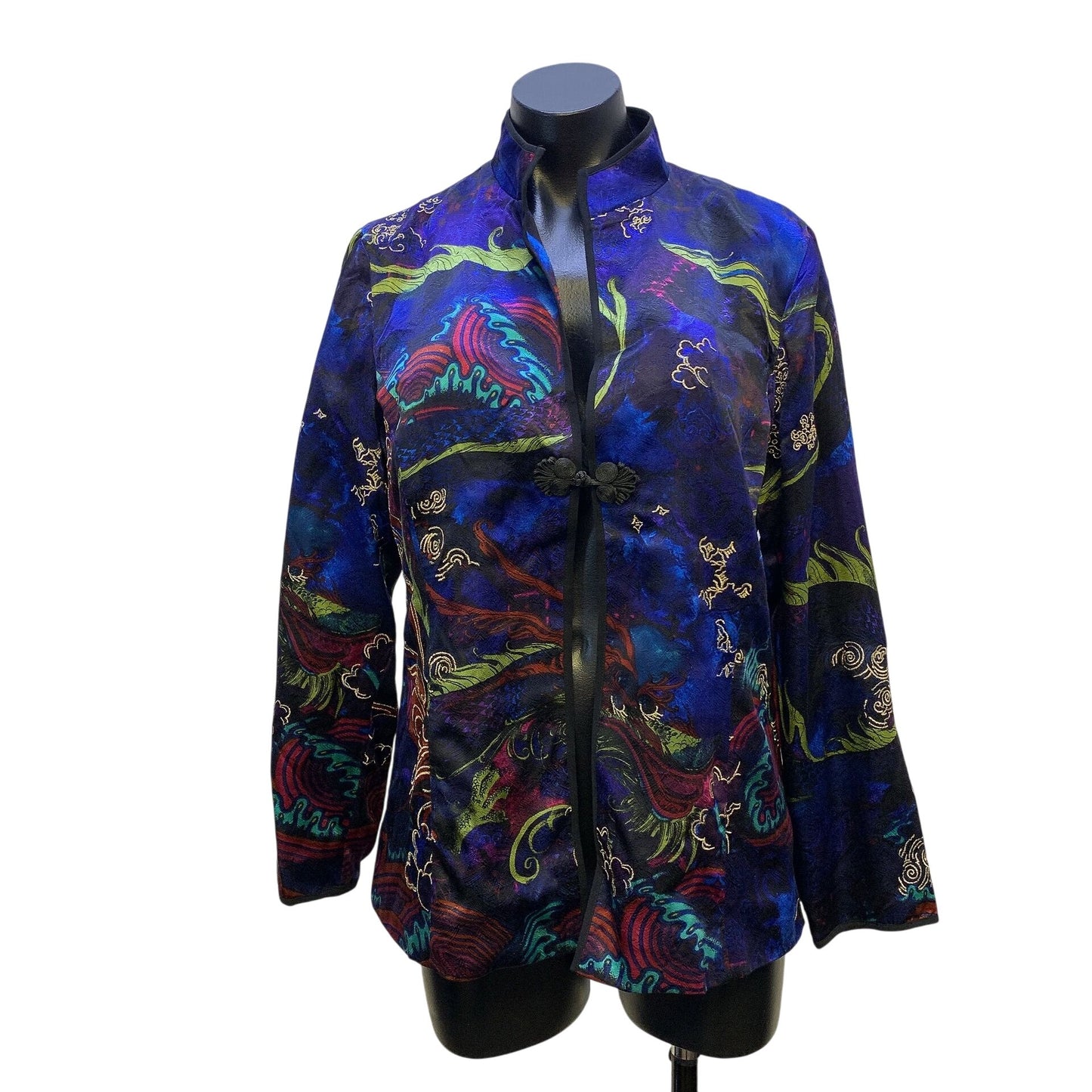 Chicos Silk Cobalt Blue w/Multicolored Print Oriental Jacket With Embroidered Details - Size 1