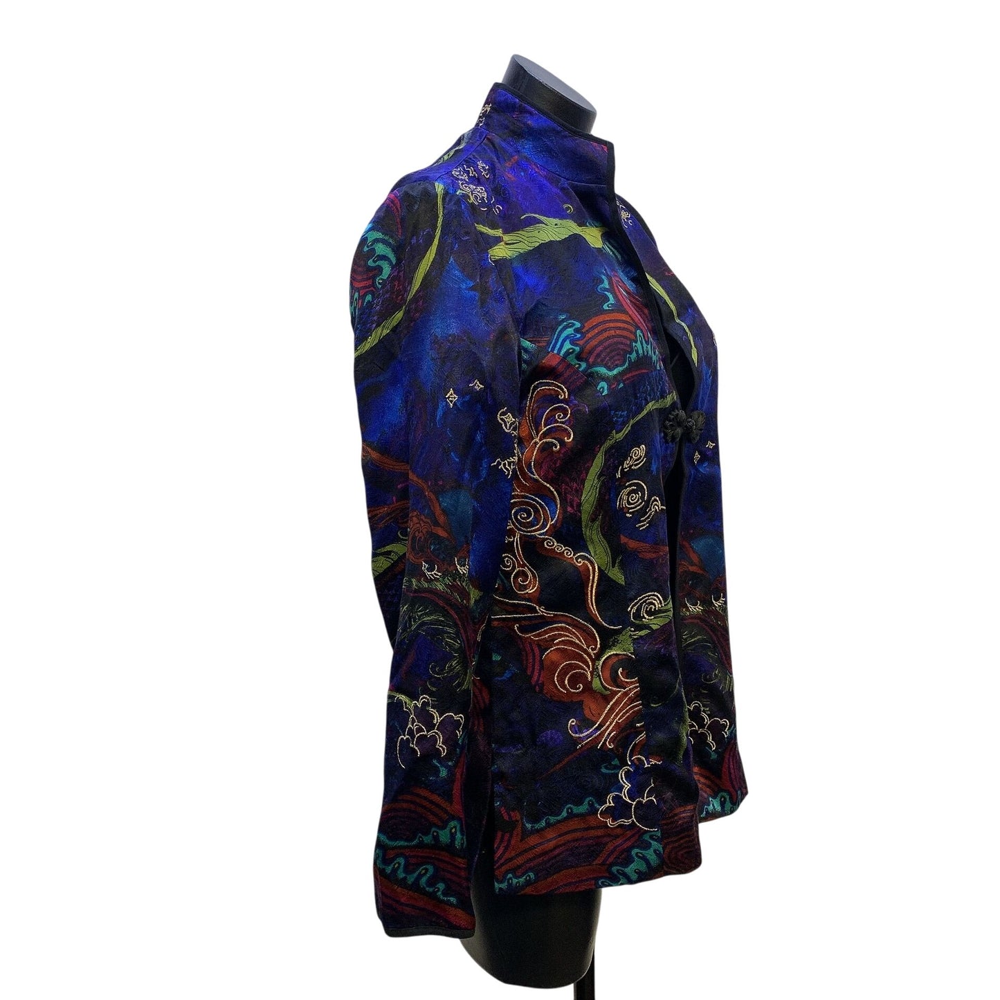 Chicos Silk Cobalt Blue w/Multicolored Print Oriental Jacket With Embroidered Details - Size 1