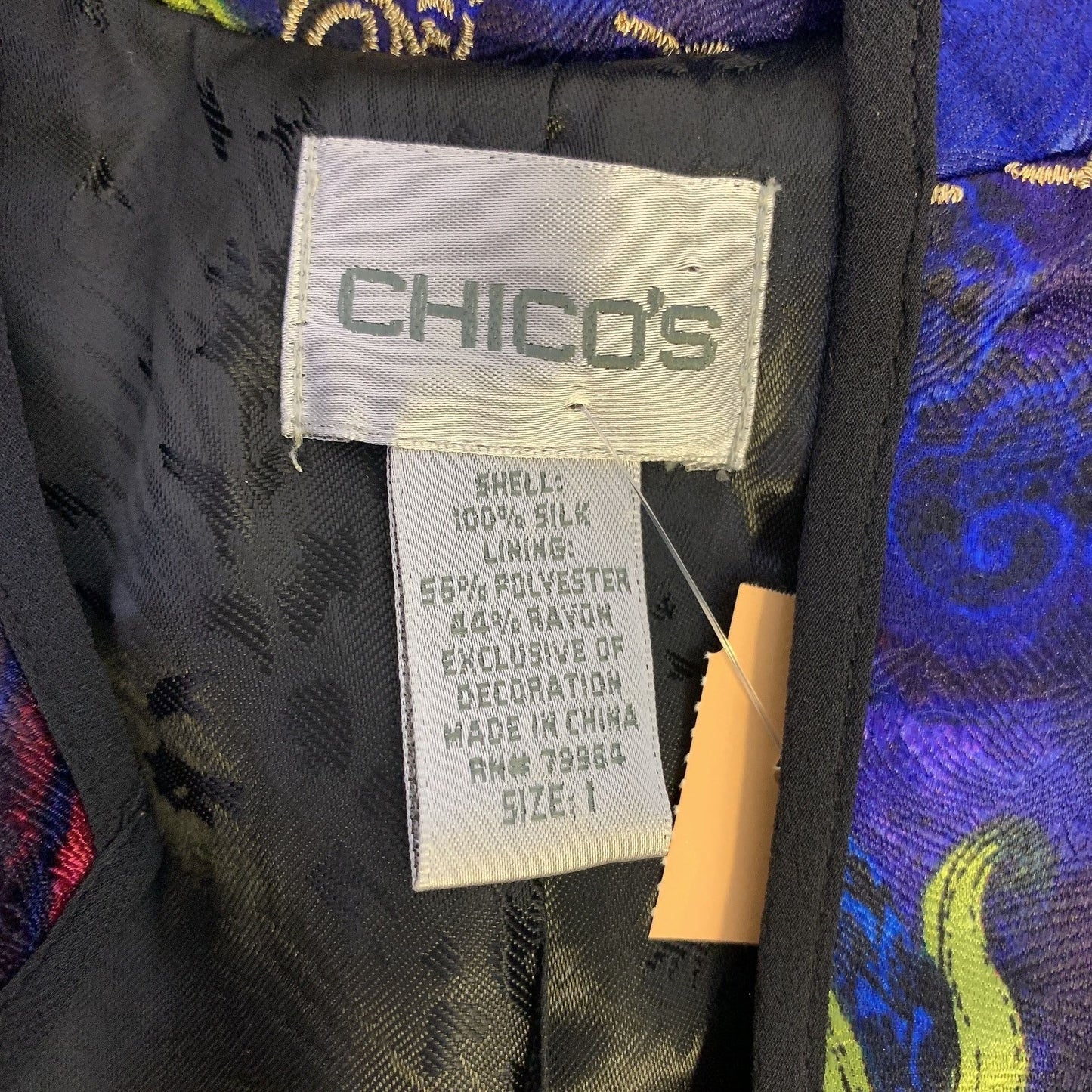 Chicos Silk Cobalt Blue w/Multicolored Print Oriental Jacket With Embroidered Details - Size 1