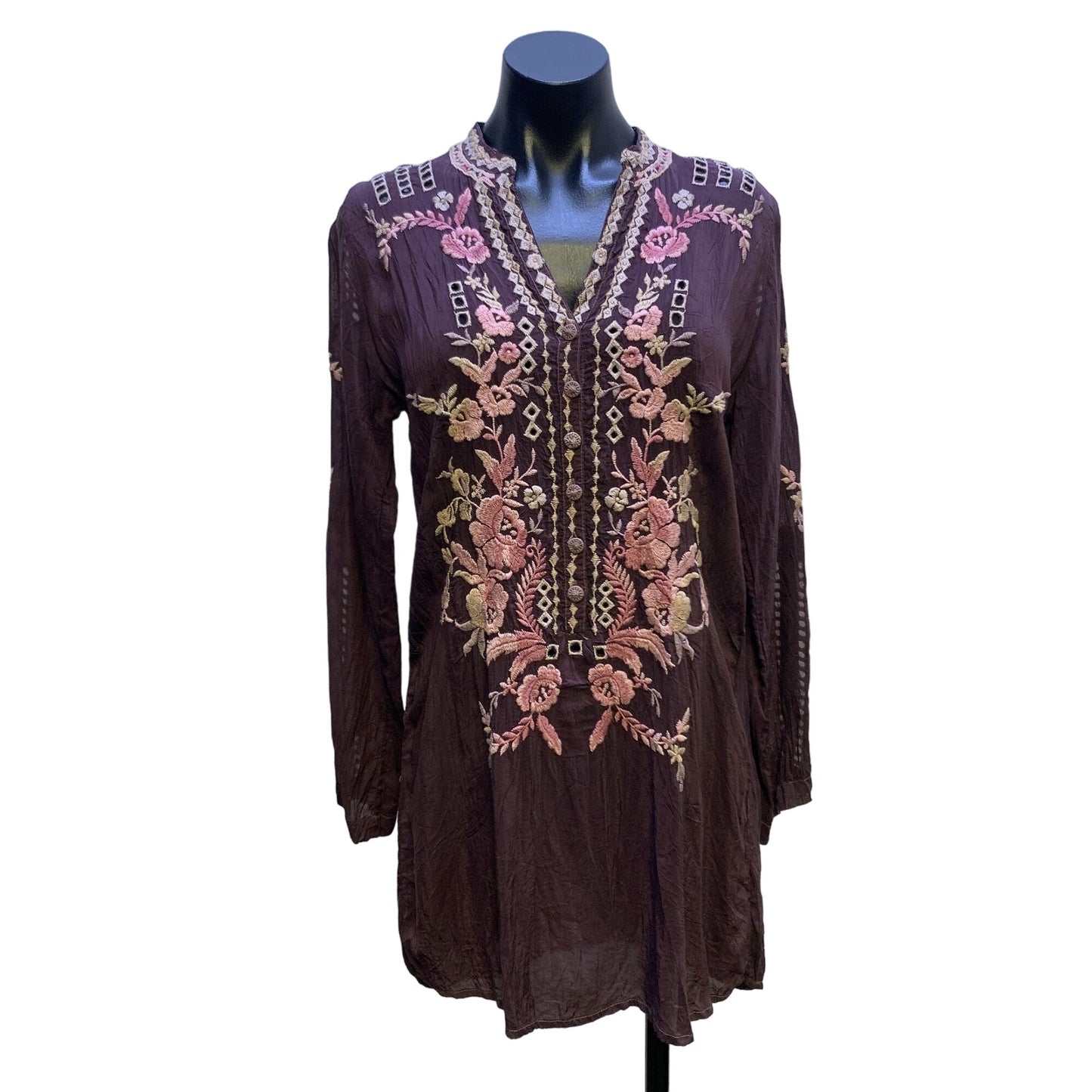 Johnnny Was Plum w/Multicolored Embroidery Tunic Blouse Size XS