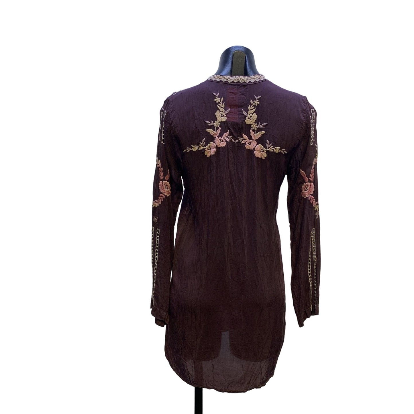 Johnnny Was Plum w/Multicolored Embroidery Tunic Blouse Size XS