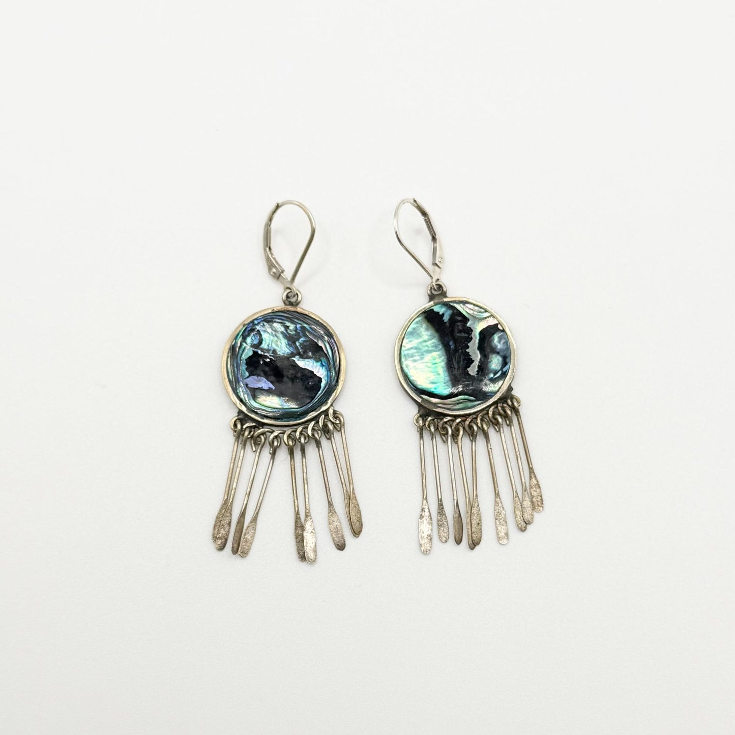 Vintage Mexico Abalone Shell Dangle Earrings With Sterling Silver Fringe Design