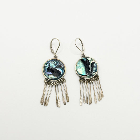Vintage Mexico Abalone Shell Dangle Earrings With Sterling Silver Fringe Design