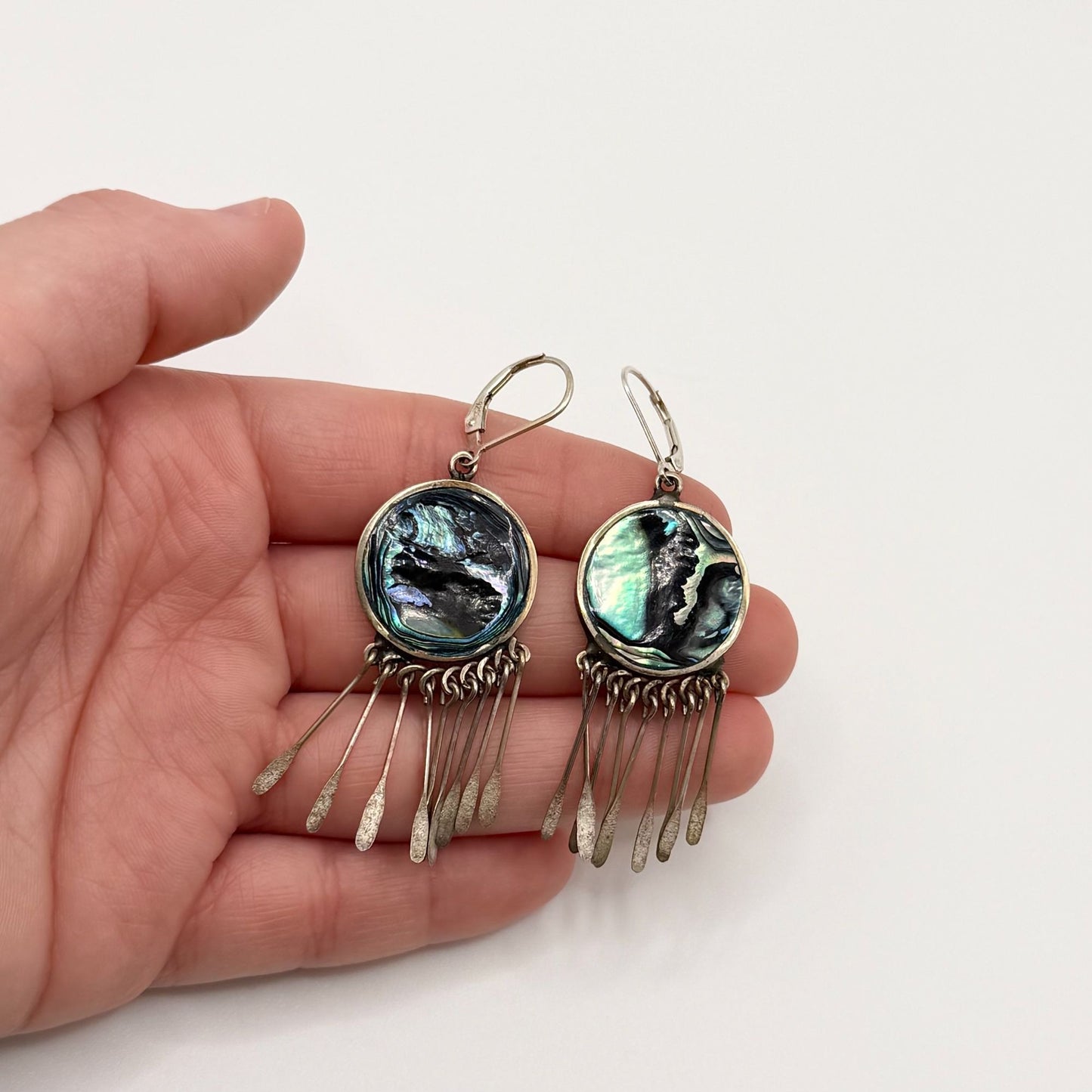Vintage Mexico Abalone Shell Dangle Earrings With Sterling Silver Fringe Design
