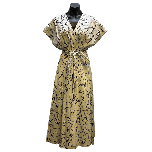 NWT Elie Tahari Beige & Black Abstract Print Wrap Midi Dress Size 8