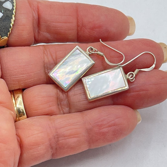 925 Sterling Silver Rectangular Mother Of Pearl Earrings
