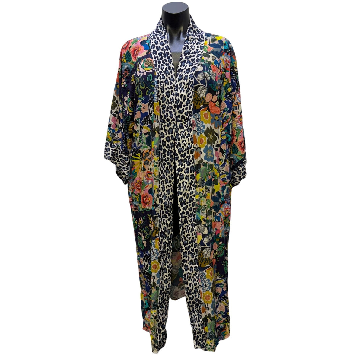 Johnny Was Long Kimono Cardigan Multi-Color Floral Leopard Print XS
