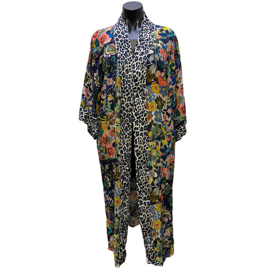 Johnny Was Long Kimono Cardigan Multi-Color Floral Leopard Print XS