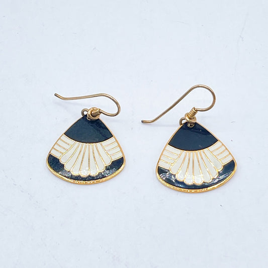 Vintage Laurel Burch Fan Earrings Black & Gold Tone Enamel Dangle