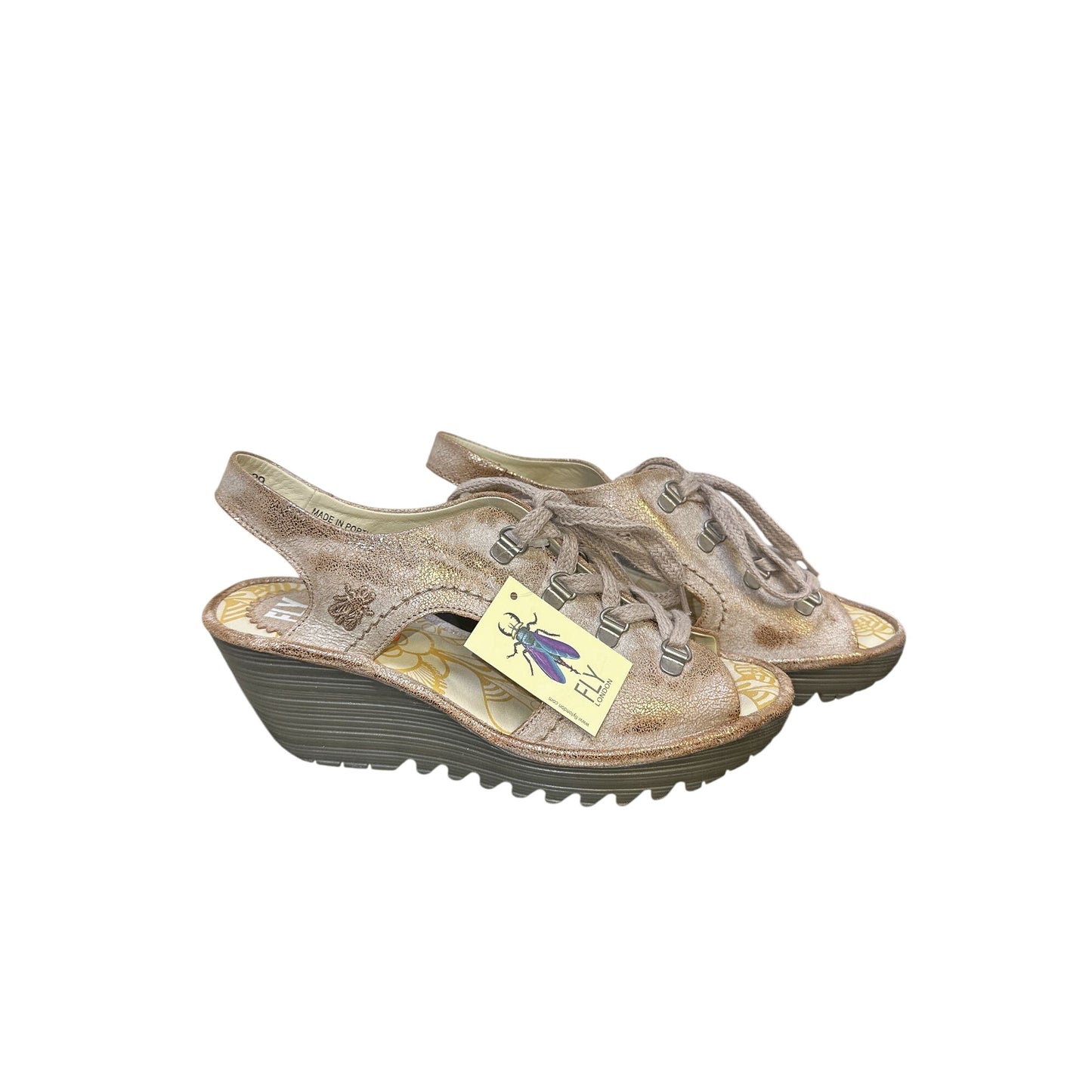 NWT Fly London Gold Metallic Slingback Wedge Shoes Size 8.5