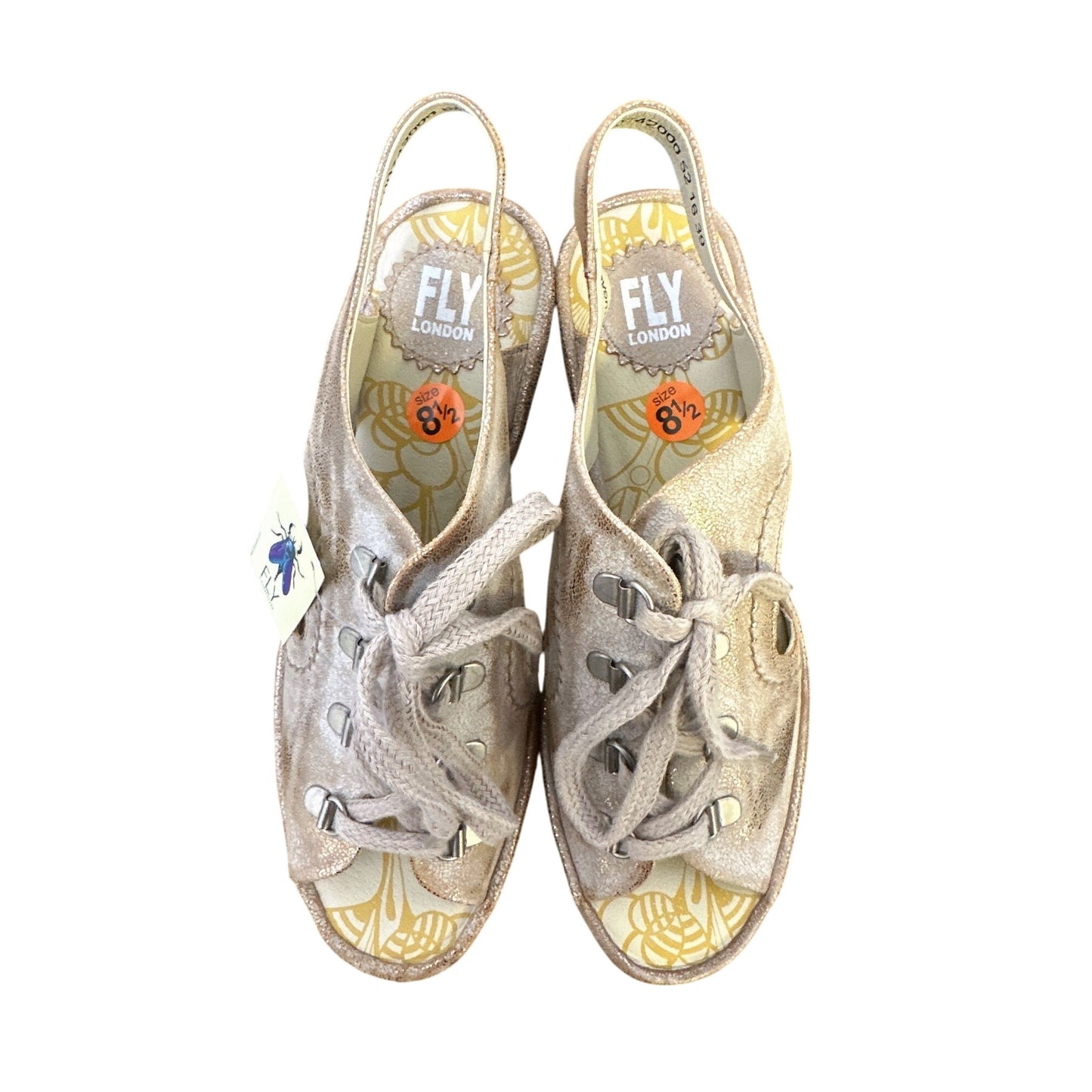 NWT Fly London Gold Metallic Slingback Wedge Shoes Size 8.5