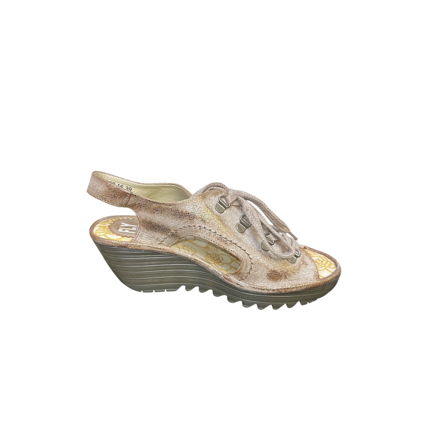 NWT Fly London Gold Metallic Slingback Wedge Shoes Size 8.5