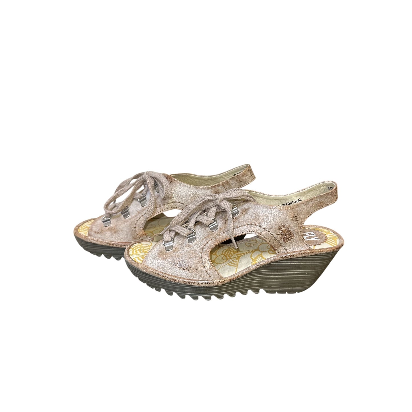 NWT Fly London Gold Metallic Slingback Wedge Shoes Size 8.5