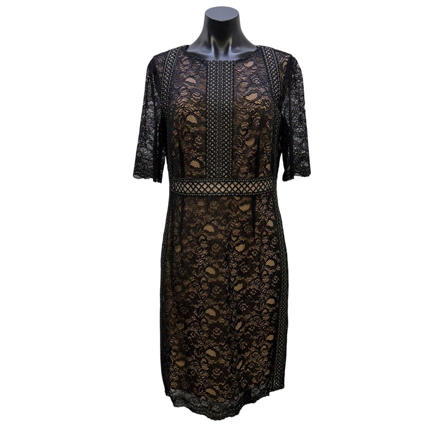 NWT Antonio Melani Black Lace Dress Nude Lined Short Sleeve Size 10