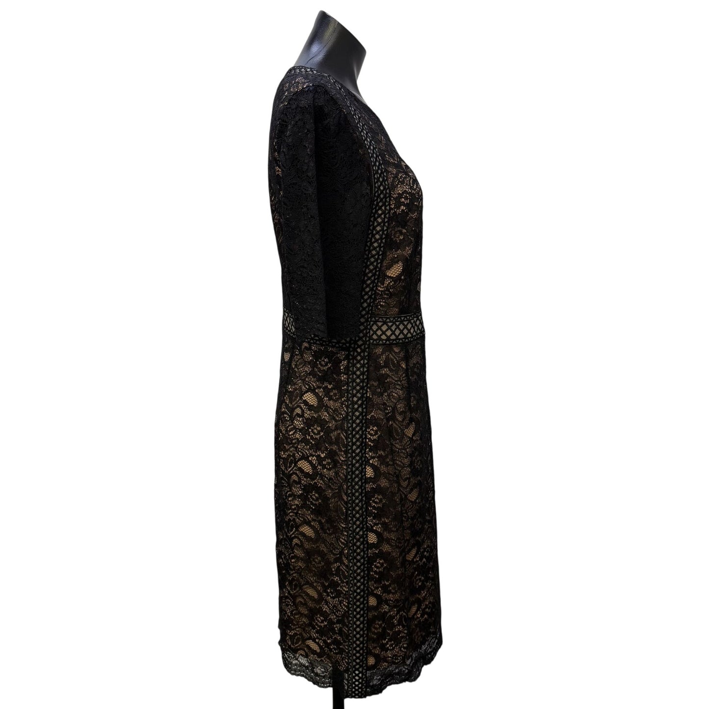 NWT Antonio Melani Black Lace Dress Nude Lined Short Sleeve Size 10
