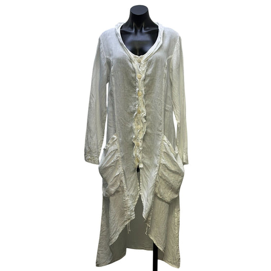 Grizas Linen Button-Front Longline Dress White Asymmetrical Hem Pockets XL