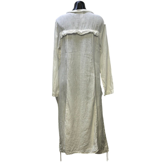 Grizas Linen Button-Front Longline Dress White Asymmetrical Hem Pockets XL