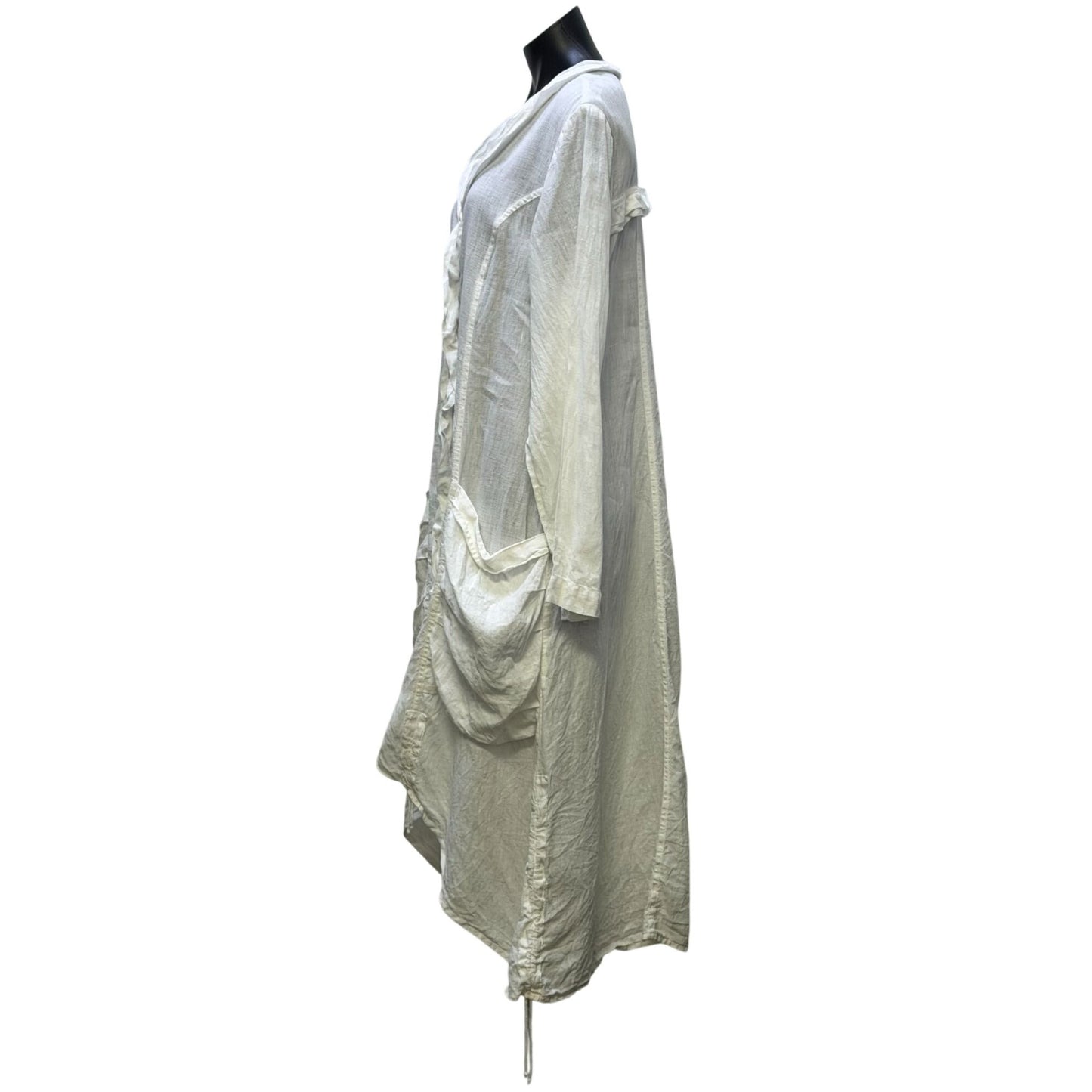 Grizas Linen Button-Front Longline Dress White Asymmetrical Hem Pockets XL