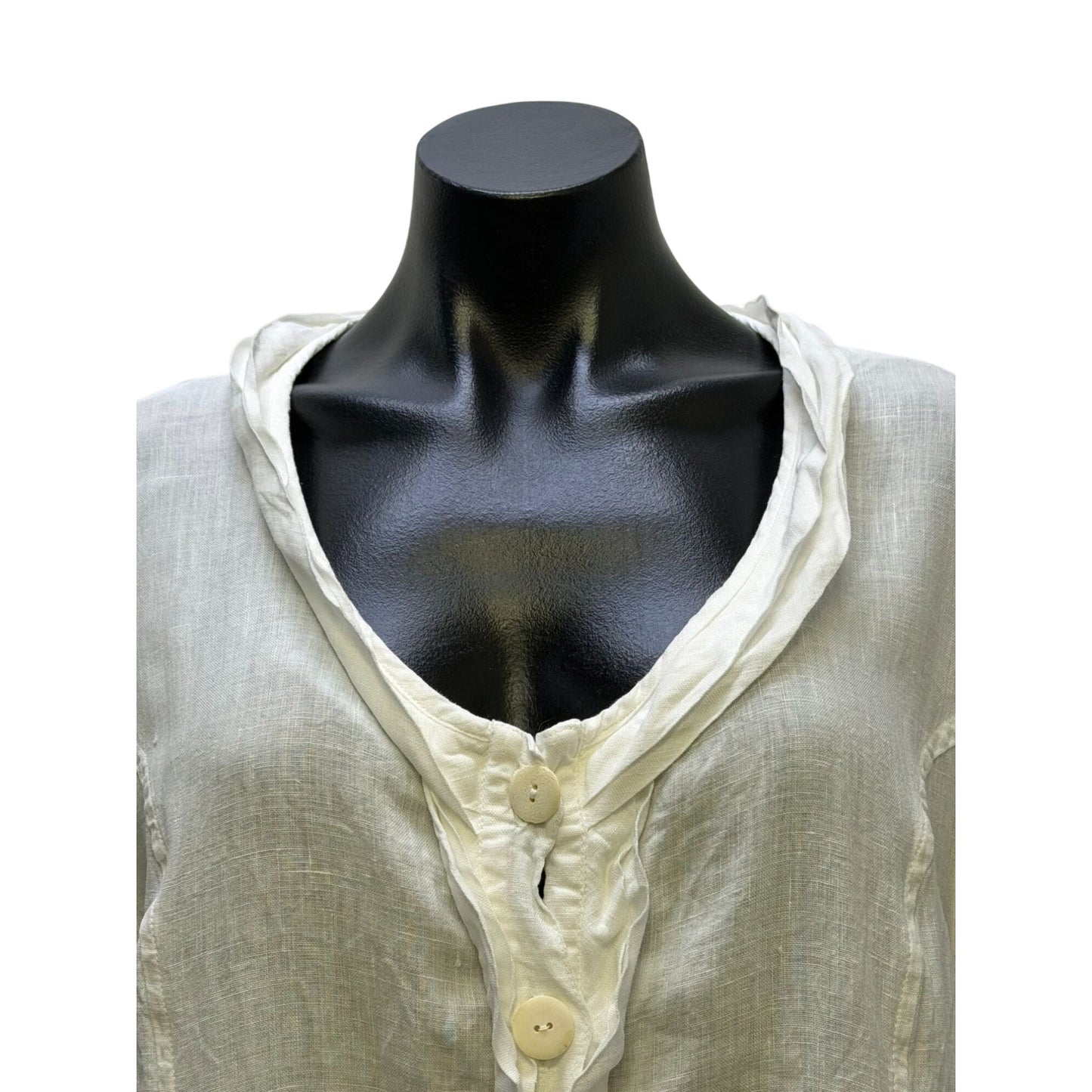 Grizas Linen Button-Front Longline Dress White Asymmetrical Hem Pockets XL