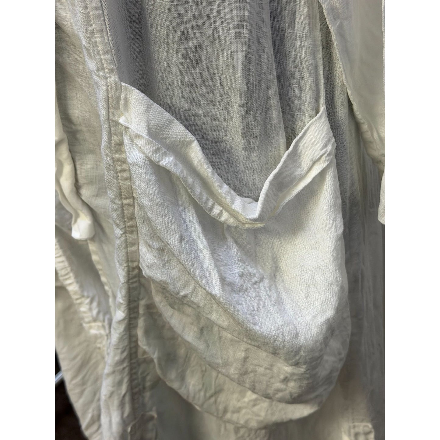 Grizas Linen Button-Front Longline Dress White Asymmetrical Hem Pockets XL