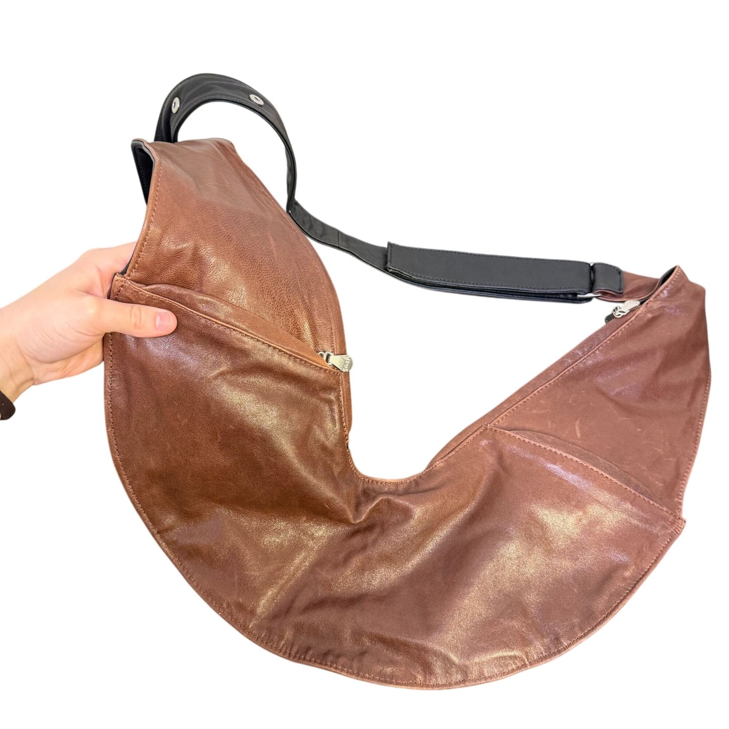 Sash Reversible Leather Shoulder Bag Brown & Black With Zippered Pockets