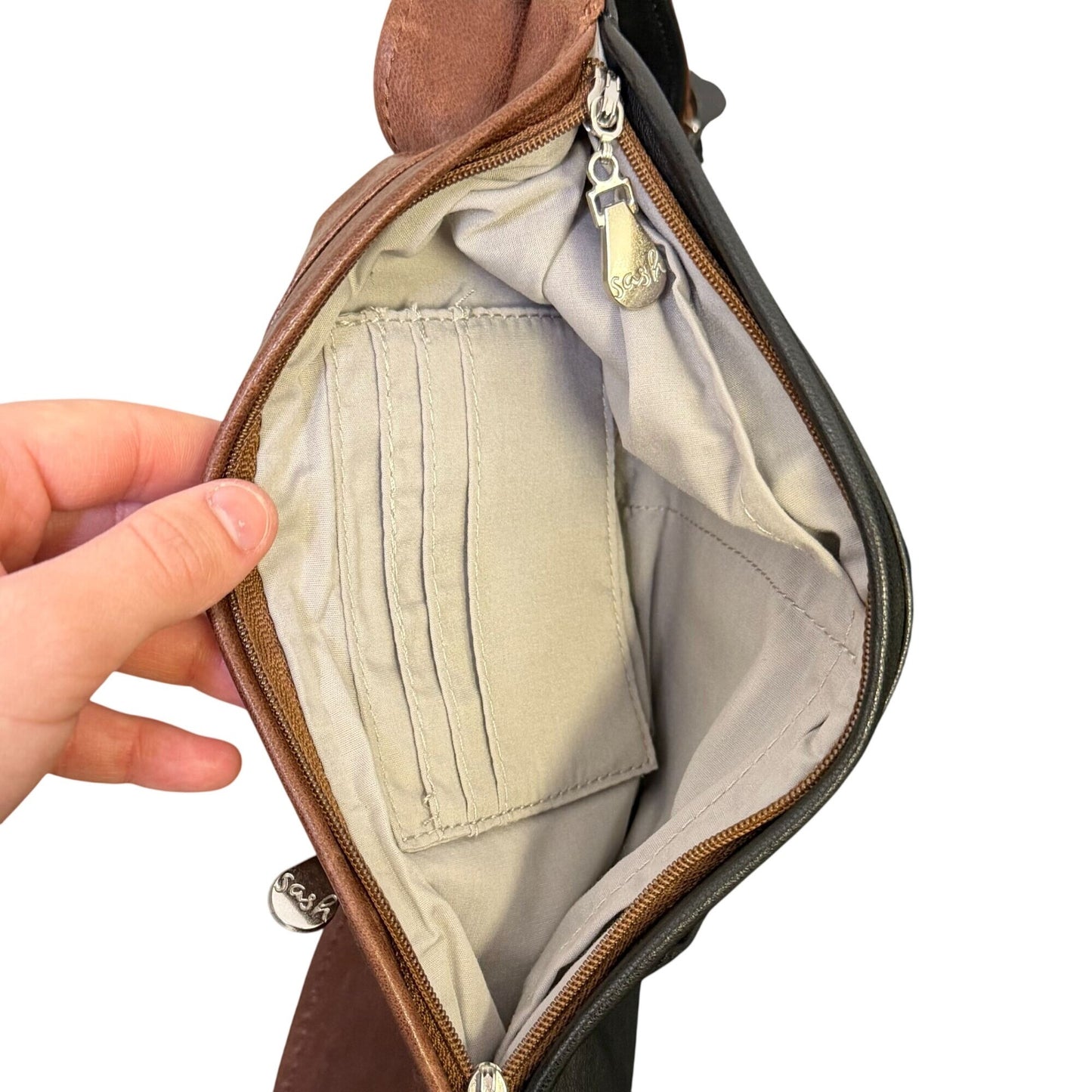 Sash Reversible Leather Shoulder Bag Brown & Black With Zippered Pockets